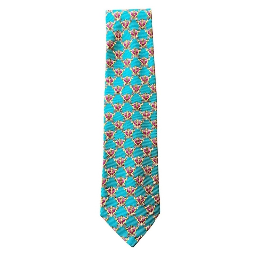 Gianni Versace Mens Silk Tie Teal Gold Magenta Baroque Crest Made in Italy